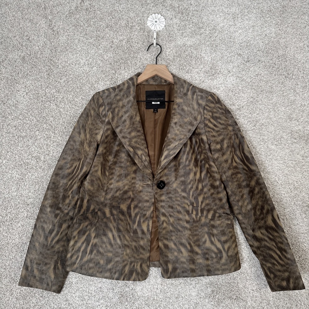 Classiques Entier Womens One Button Collared Printed Blazer Jacket‎ Brown Medium